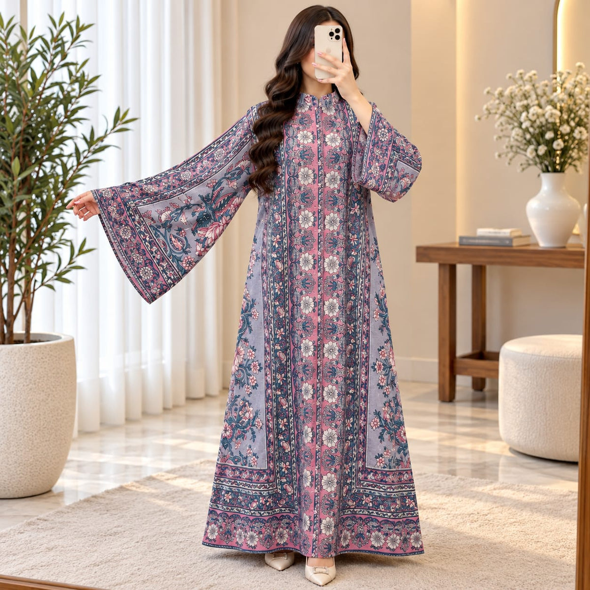 S/M Aaris Printed Cotton Long Dress Jalabiya – 57"