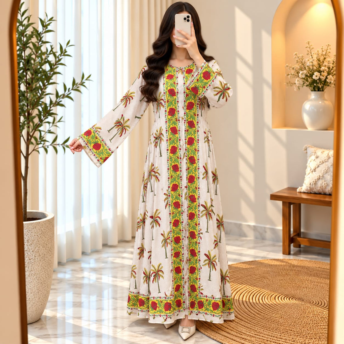 S/M Bhopali Printed Cotton Long Dress Jalabiya – 57"
