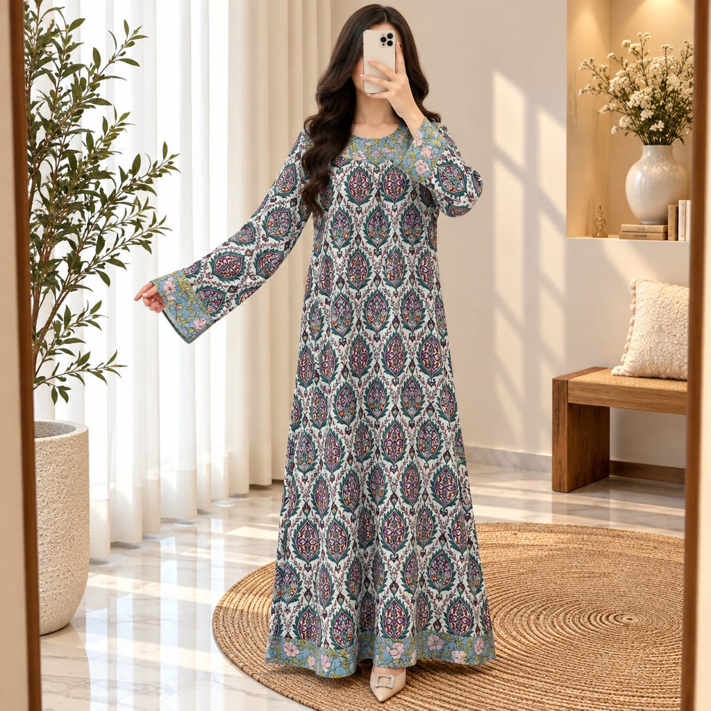L/XL Lara Printed Cotton Long Dress Jalabiya – 57