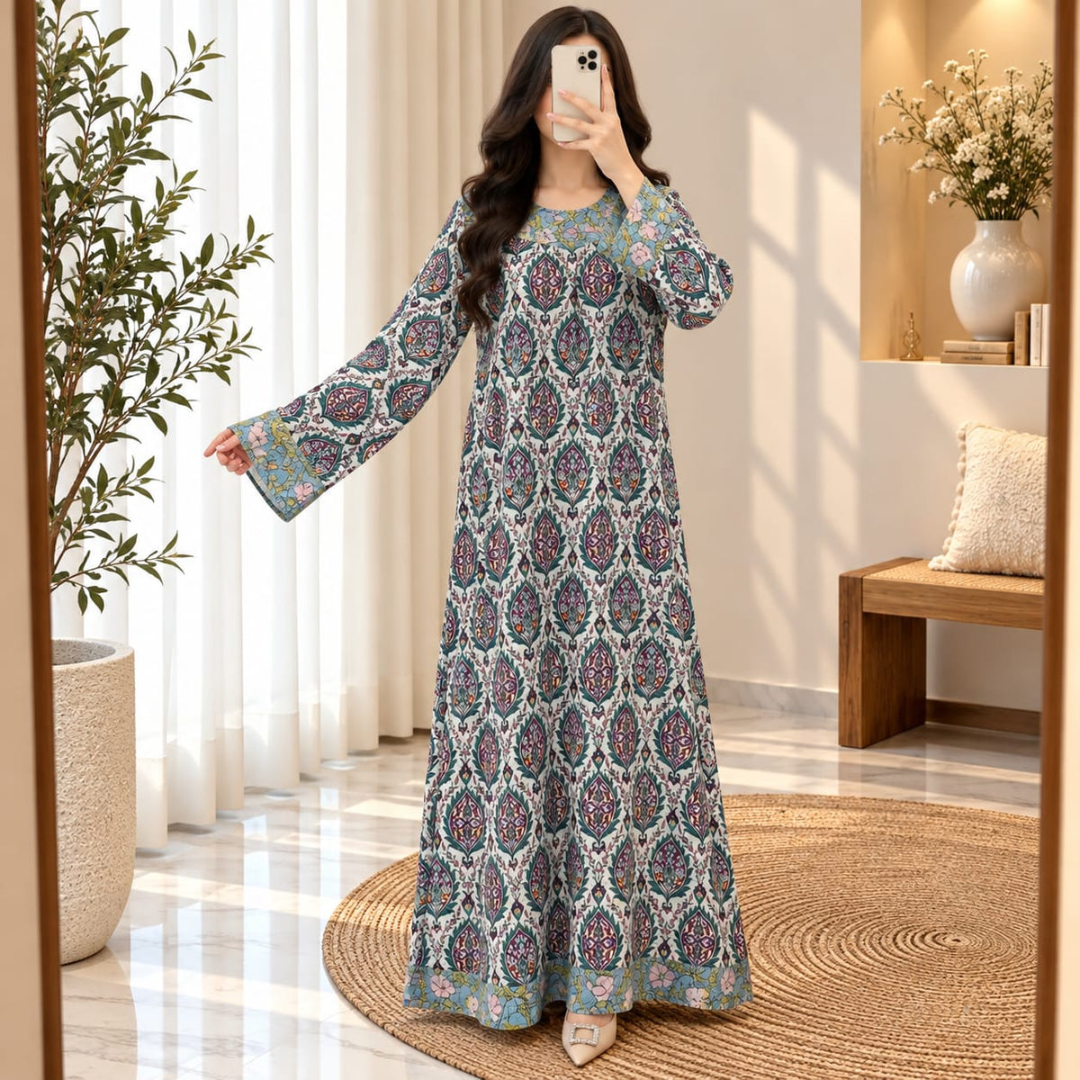 L/XL Lara Printed Cotton Long Dress Jalabiya – 57