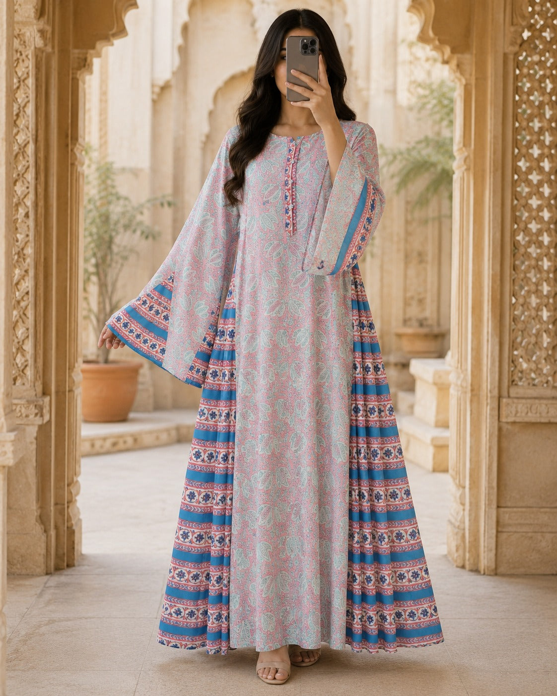 L/XL Kiai Printed Cotton Dress – 57" Long Jalabiya