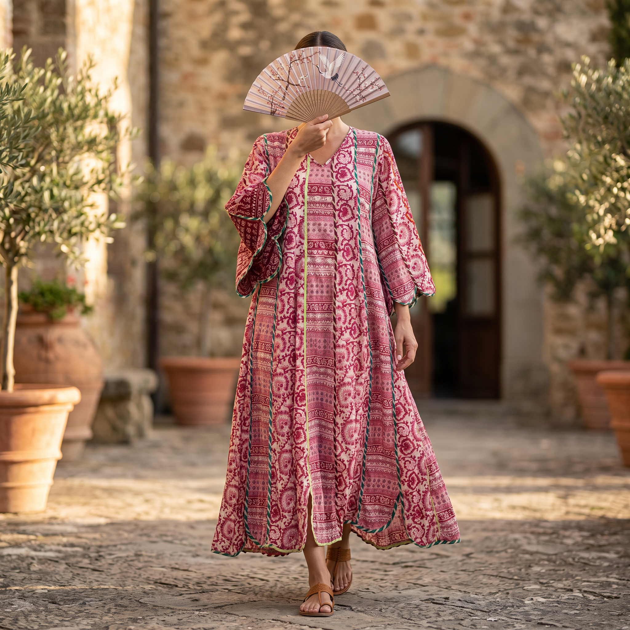 L/XL Meher Red Printed Cotton Dress 57" Long Jalabiya