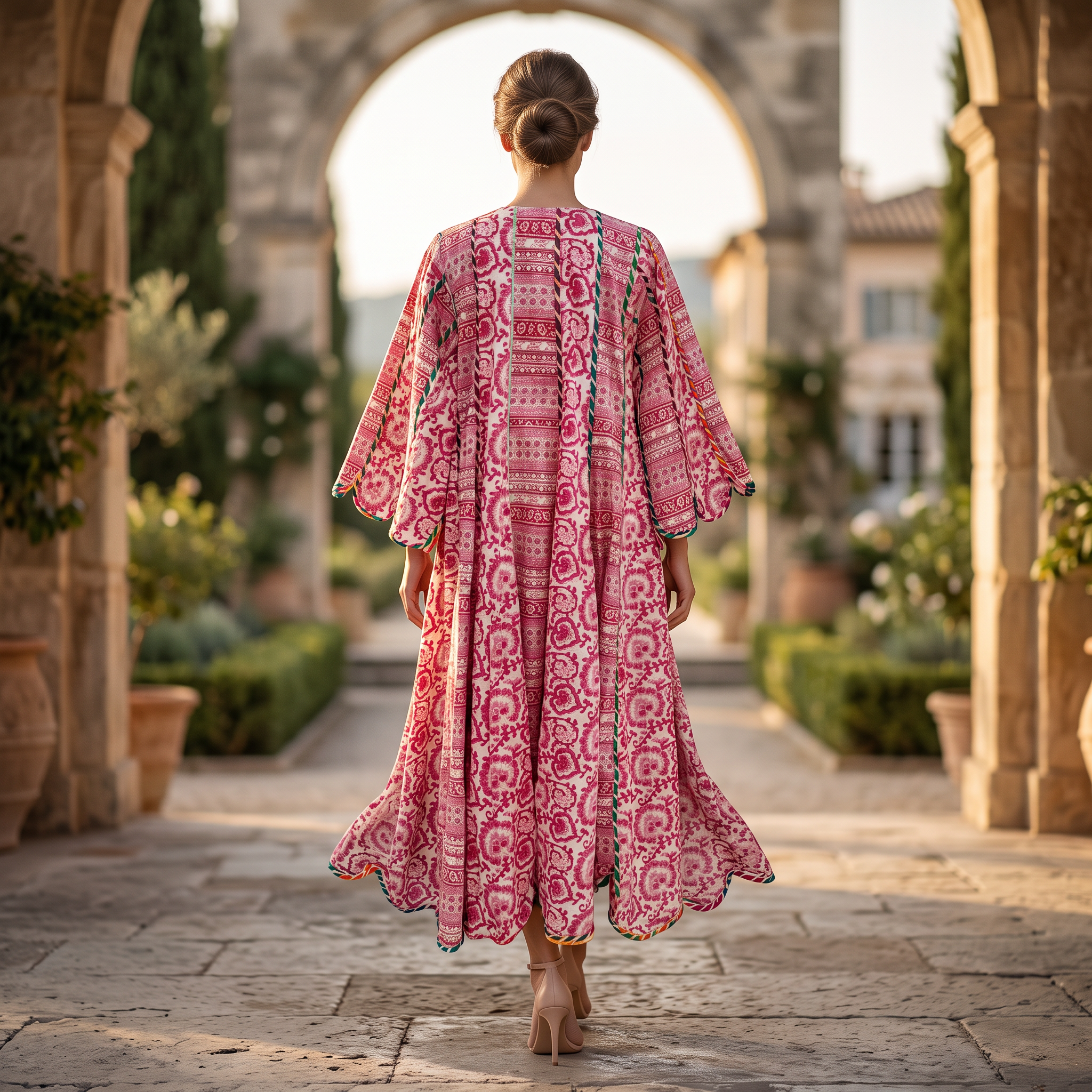 L/XL Meher Red Printed Cotton Dress 57" Long Jalabiya