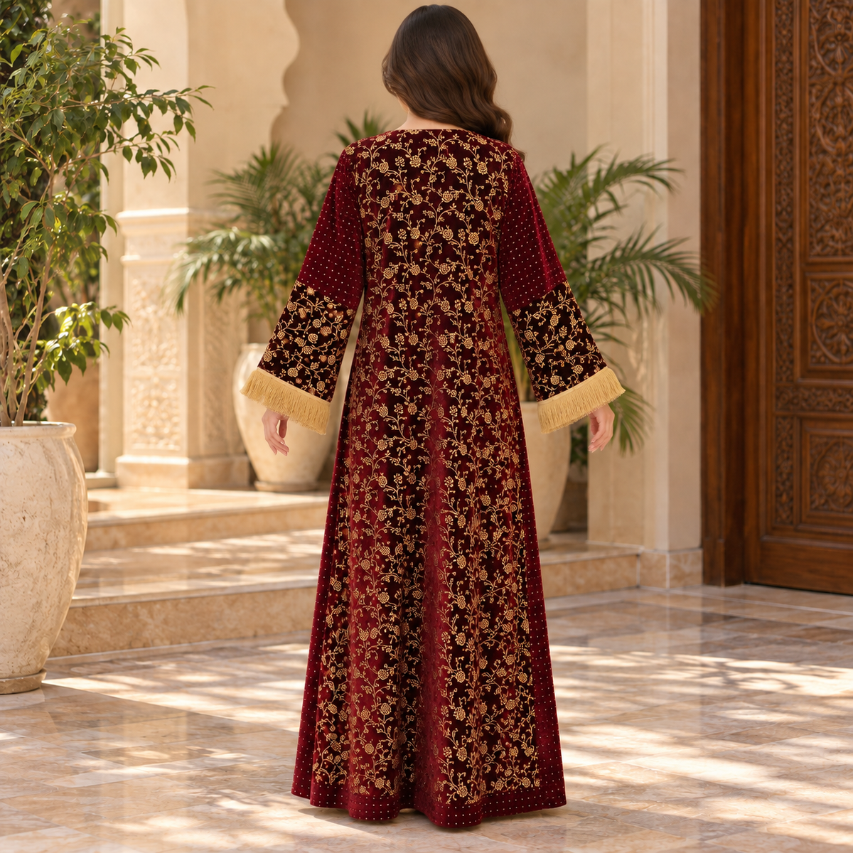 S/M Royal Burgundy Velvet Crystal Kaftan – 60 Inches Length.