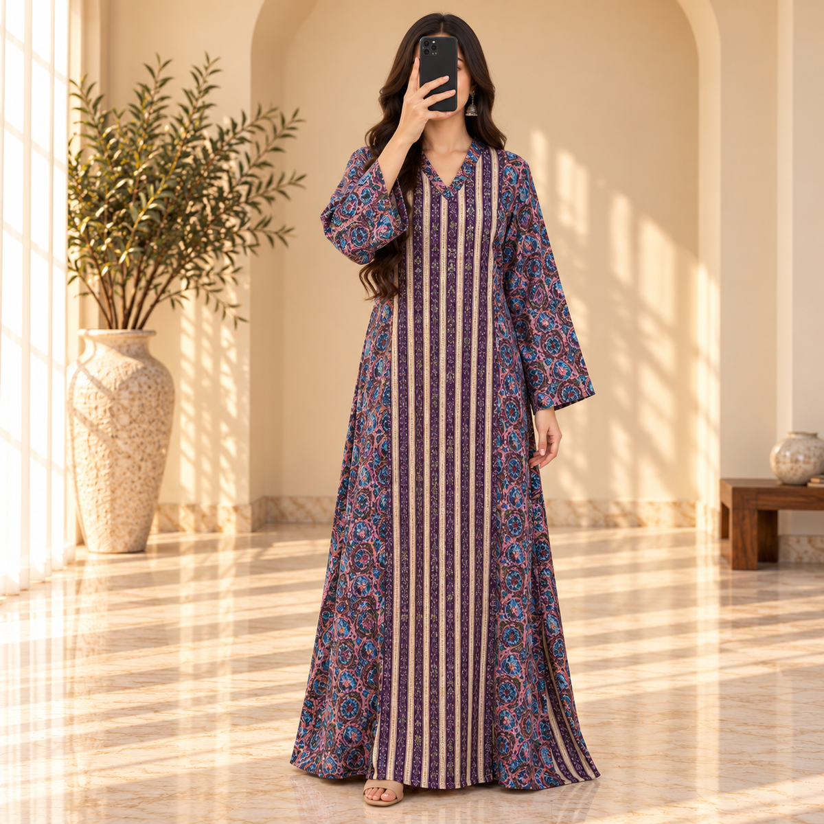XS/S Saida Crystal Printed Cotton Long Dress Jalabiya – 54
