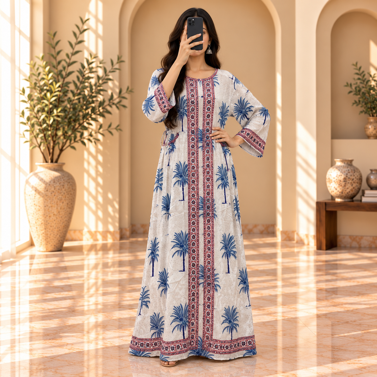 S/M Bhopali Crystal Printed Cotton Long Dress Jalabiya – 57"