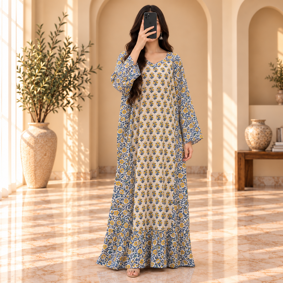 2XL/3LXL Naija Crystal Printed Cotton Long Dress Jalabiya – 57