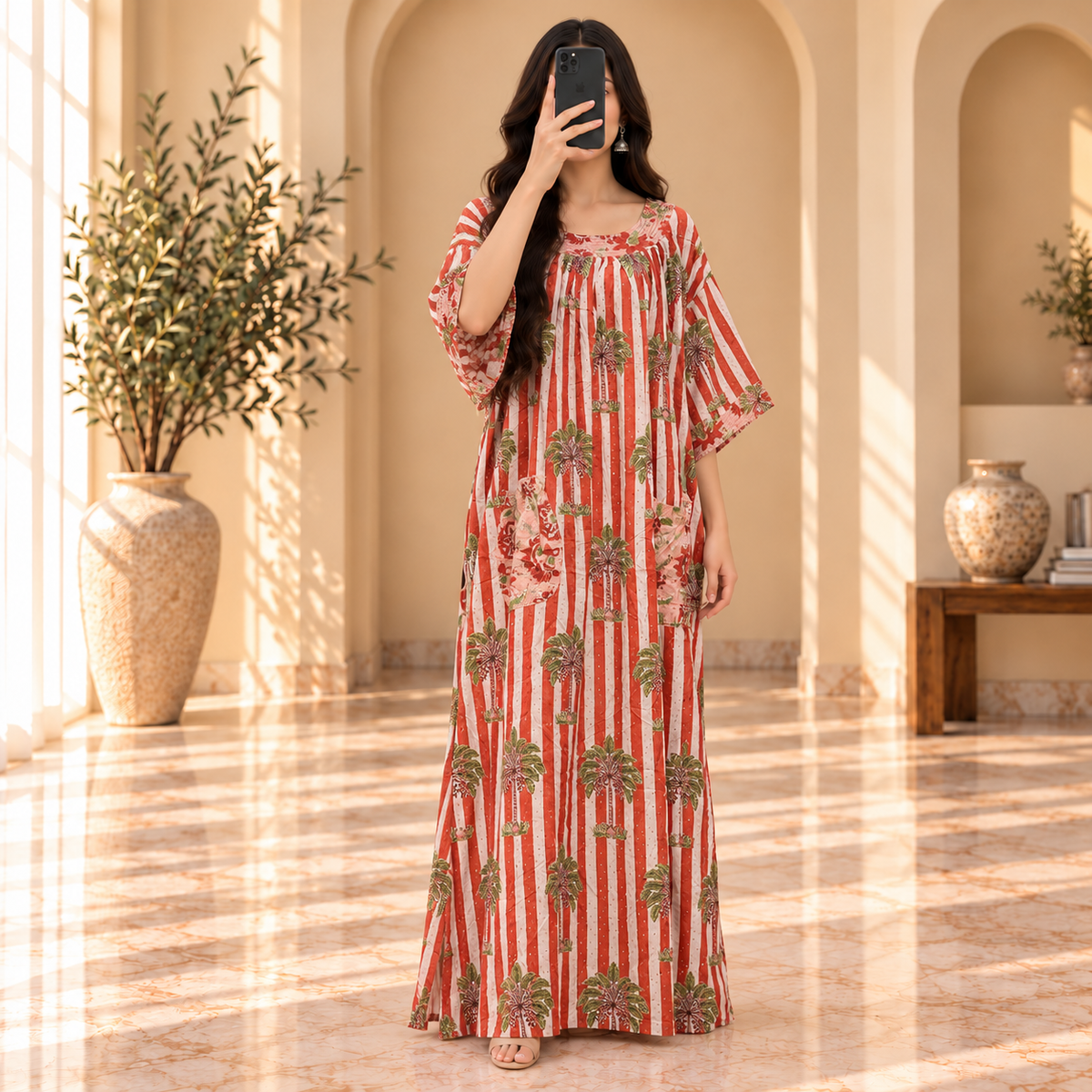 2XL/3LXL Nawaar Crystal Printed Cotton Long Dress Jalabiya – 57