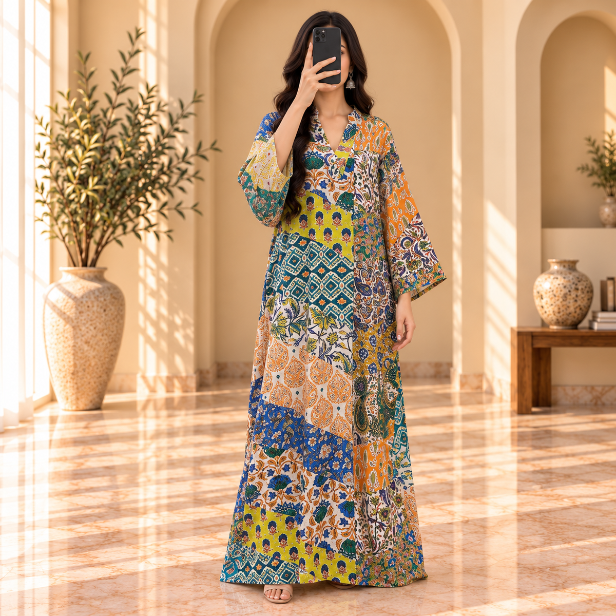 S/M Teena Crystal Printed Cotton Long Dress Jalabiya – 57