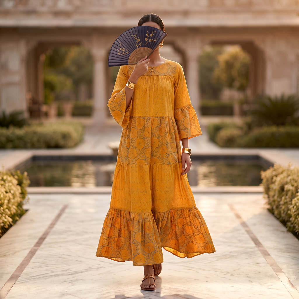 A woman wearing a bright yellow-orange tiered maxi dress with floral embroidery walks along a marble pathway in front of a stone courtyard with water features. She is holding a dark blue folding fan to block part of her face.