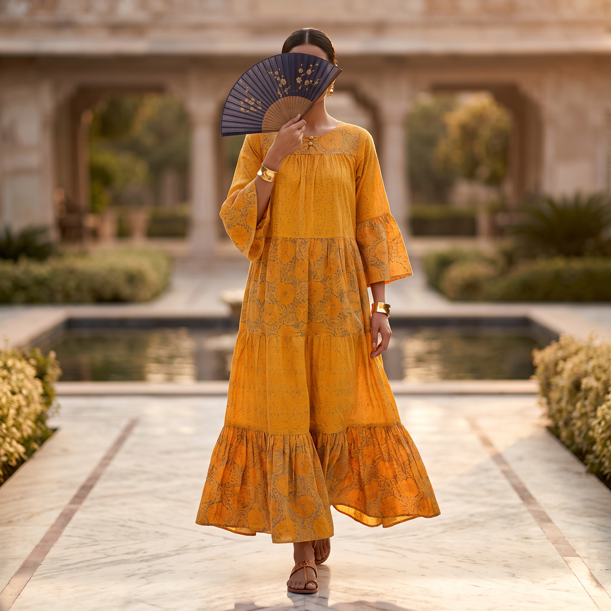 A woman wearing a bright yellow-orange tiered maxi dress with floral embroidery walks along a marble pathway in front of a stone courtyard with water features. She is holding a dark blue folding fan to block part of her face.