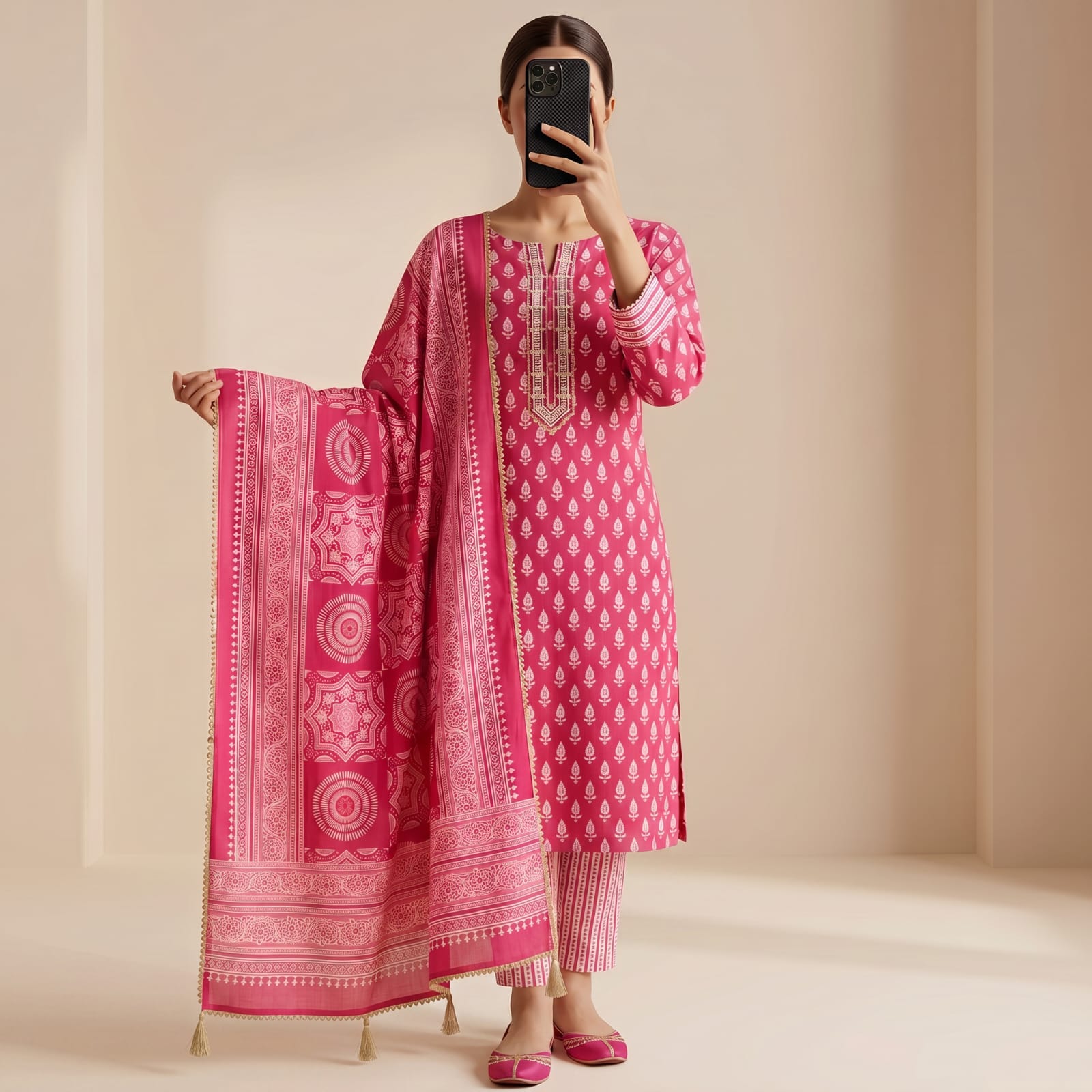 Premium Stitched Cotton Neck Embroidery Suit With Sheila