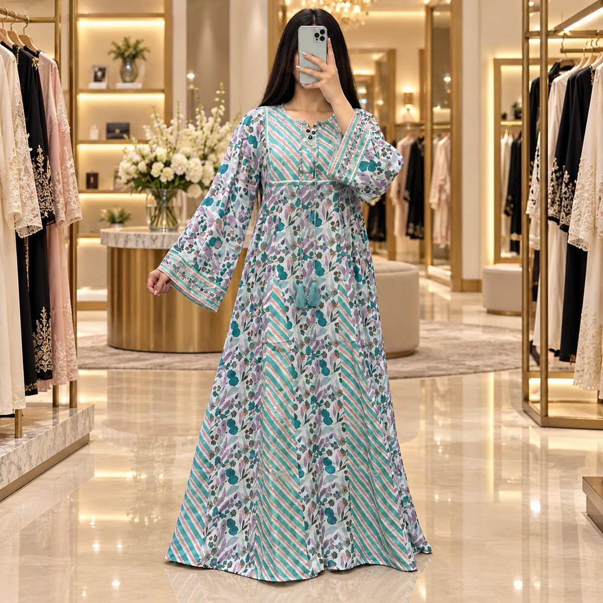 L/XL Anaya Printed Cotton Long Dress Jalabiya – 57"