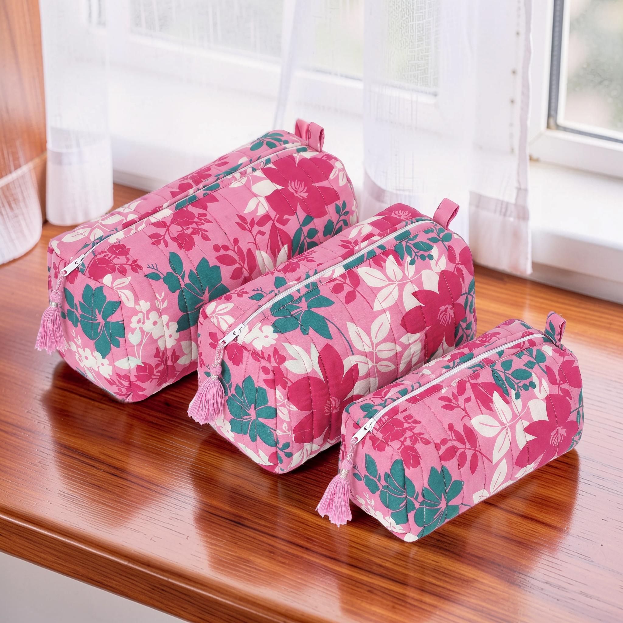 Cotton Printed 3 Pcs Cosmetic Bag Set With Zipper