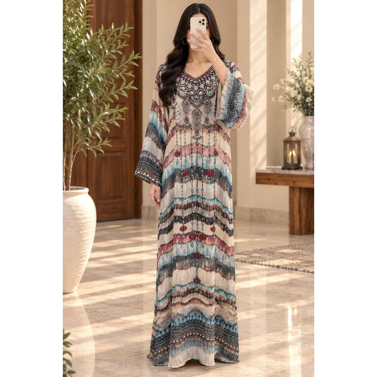 M Silky Digital Kaftan And Farasha Printed Long Jalabiya
