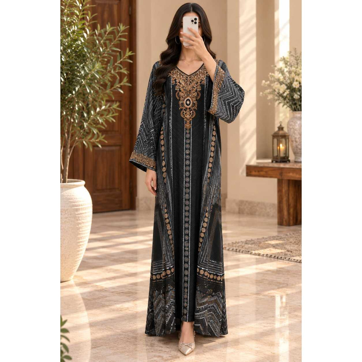 XL Silky Digital Kaftan And Farasha Printed Long Jalabiya