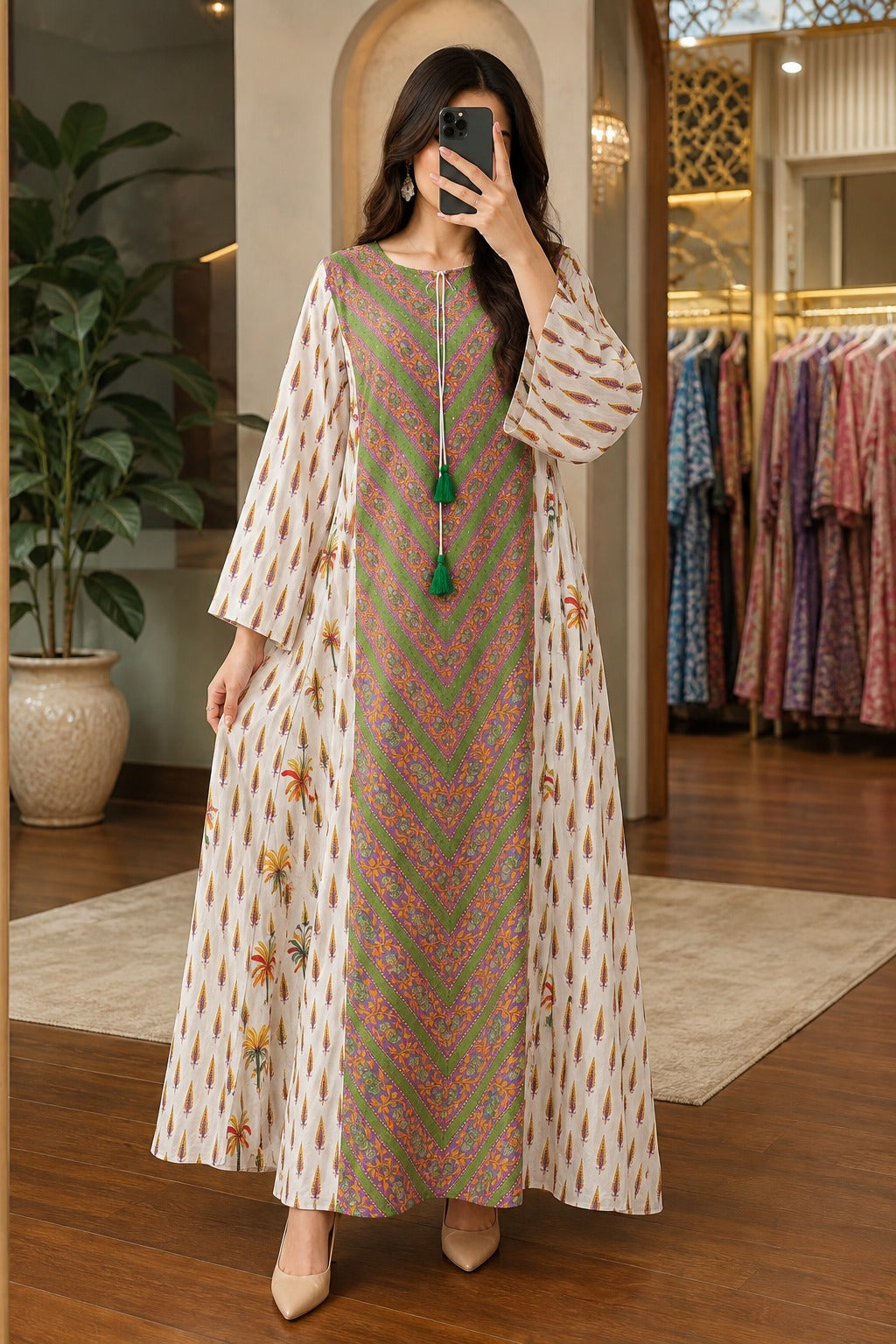 L/XL Aleah Crystal Printed Cotton Long Dress Jalabiya – 57"