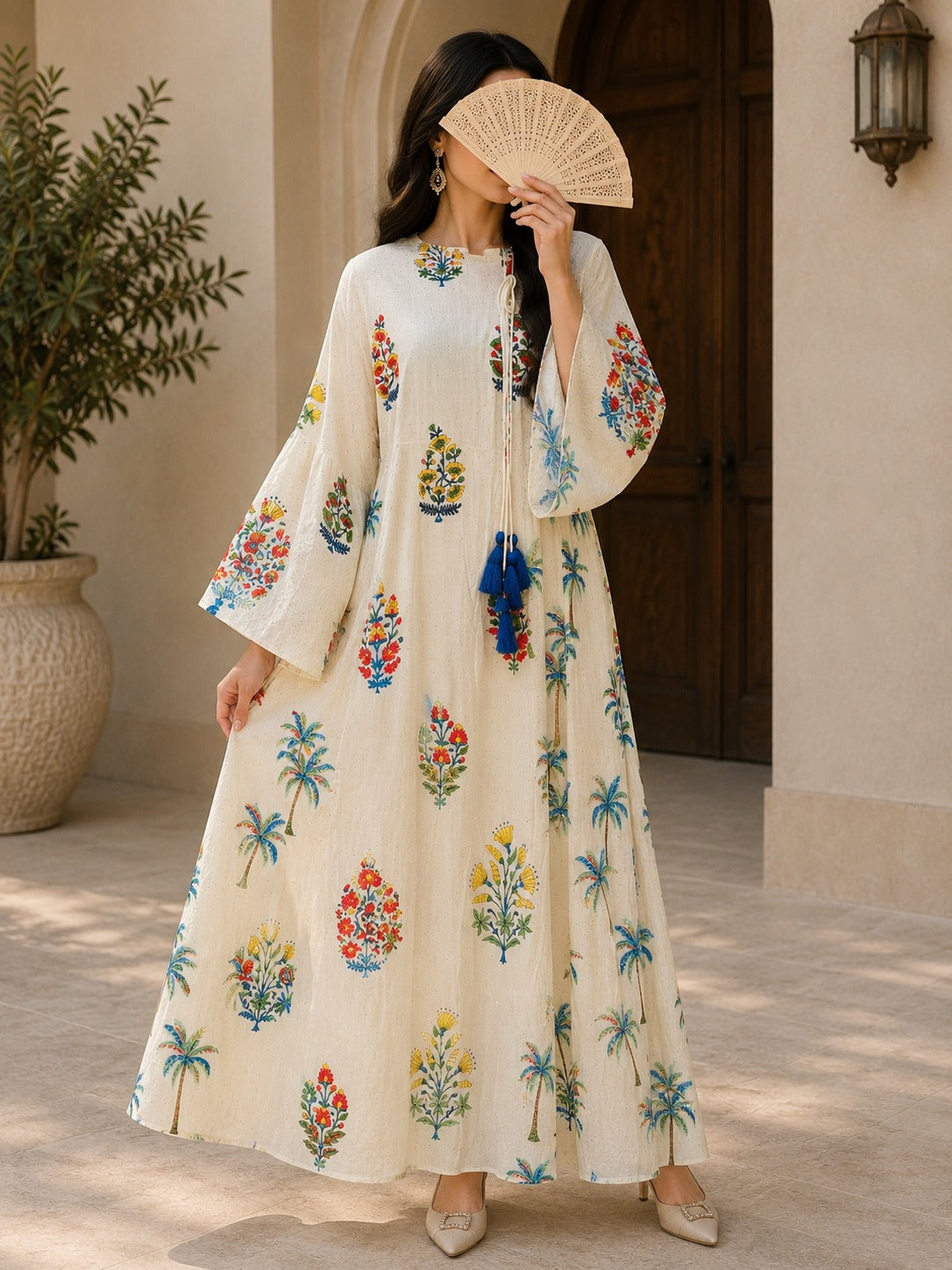 S/M Cindrella Crystal Printed Cotton Long Dress Jalabiya – 57"