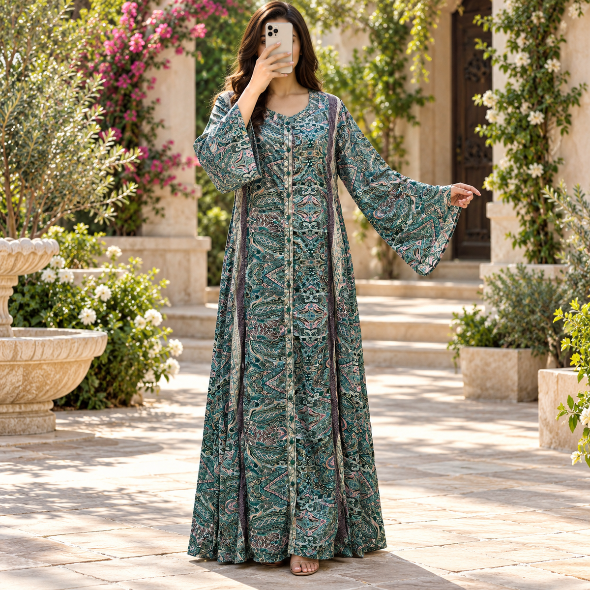 S/M Marry Printed Silk Long Dress Jalabiya – 57