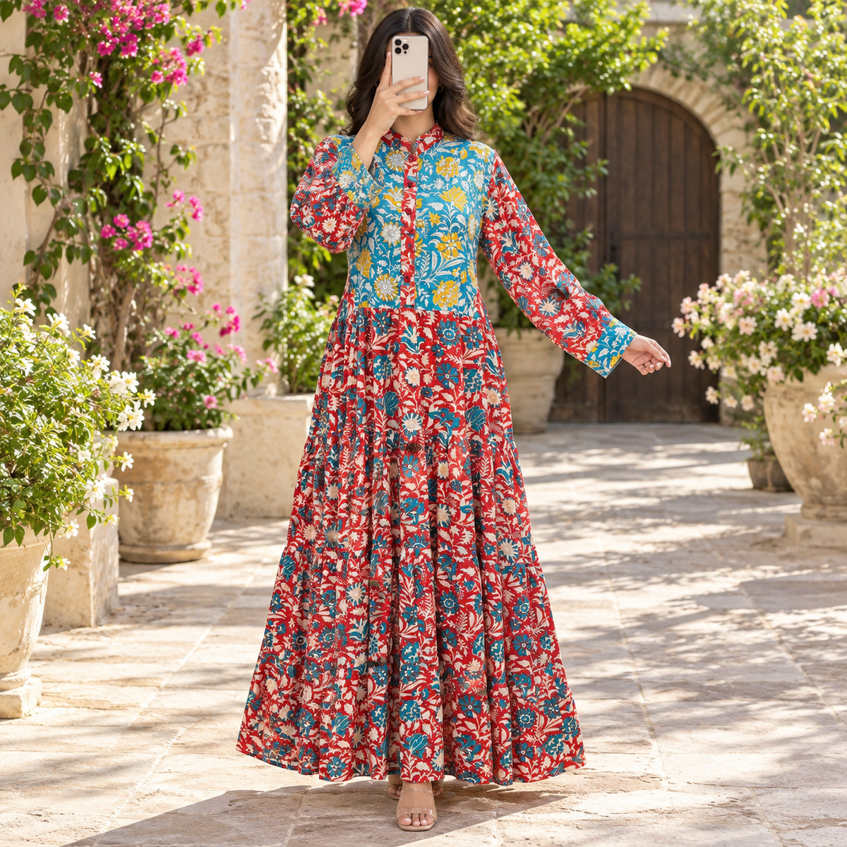 L/XL Safia Silk Crystal Printed Dress 57" Long Jalabiya
