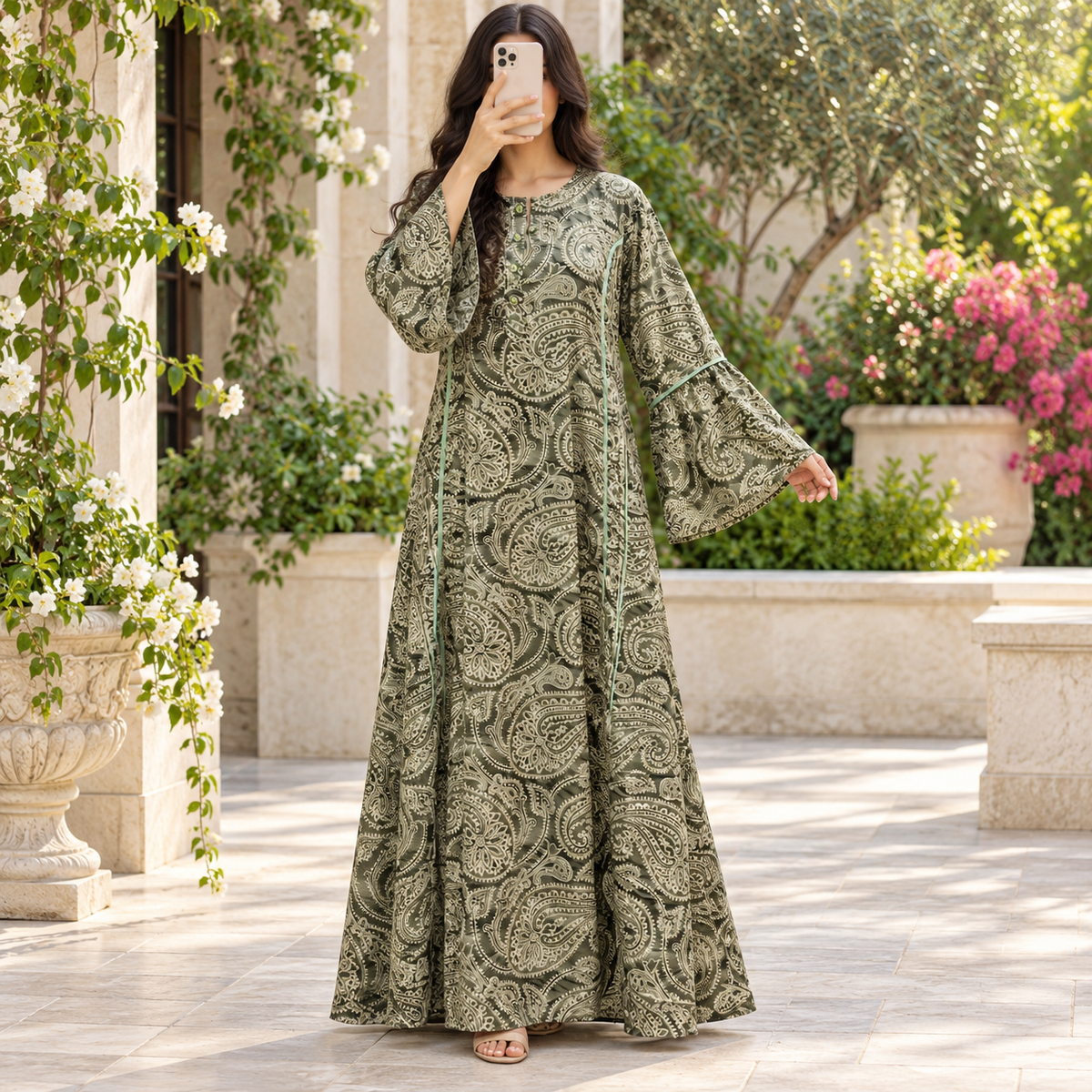 S/M Marry Printed Silk Long Dress Jalabiya – 57
