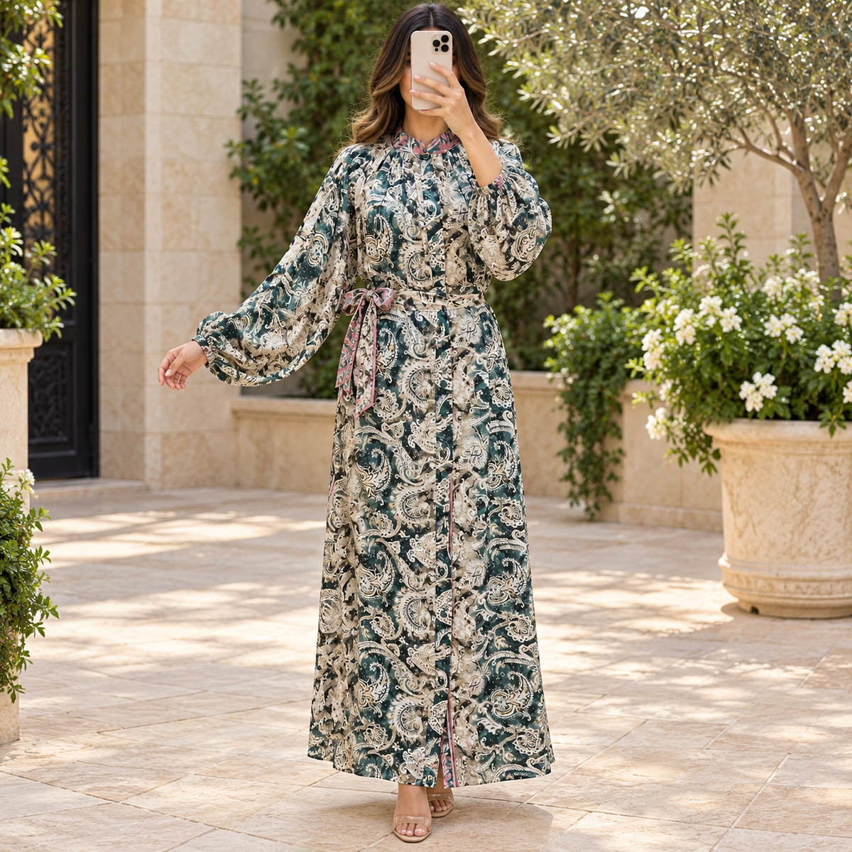 O/S Hiral Silk Crystal Printed Dress 57" Long Jalabiya