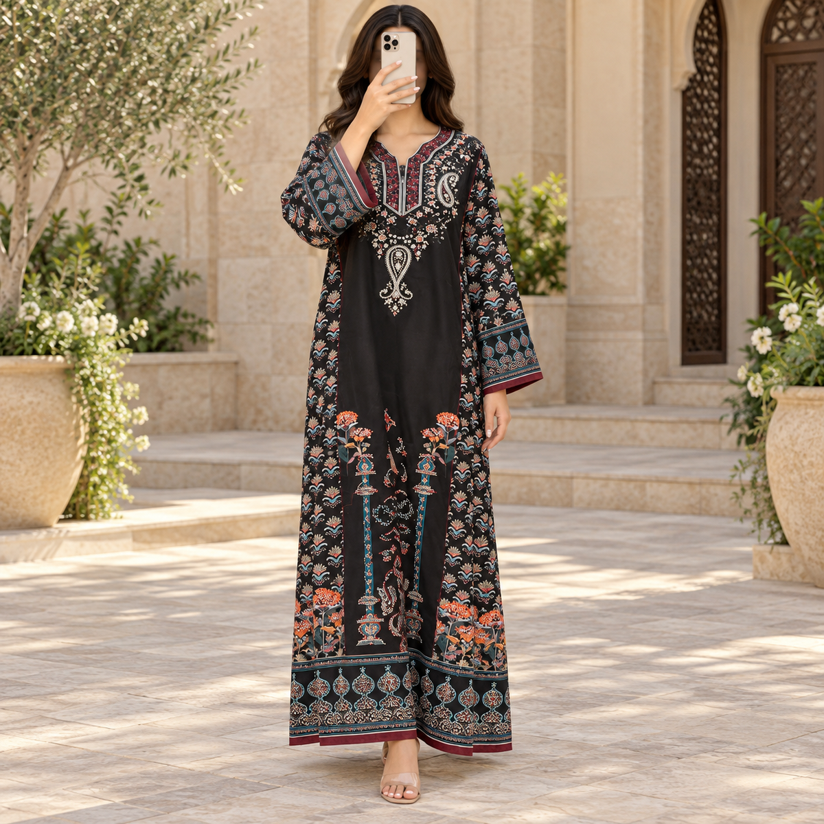 S/M Crystal Digital Printed Poly Silk Long Dress Jalabiya – 56