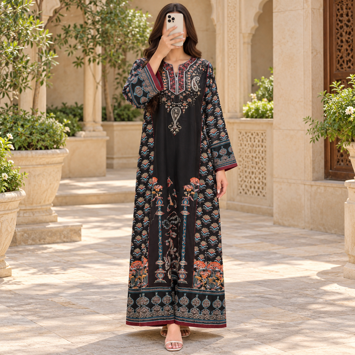 XS/S Crystal Digital Printed Poly Silk Long Dress Jalabiya – 56