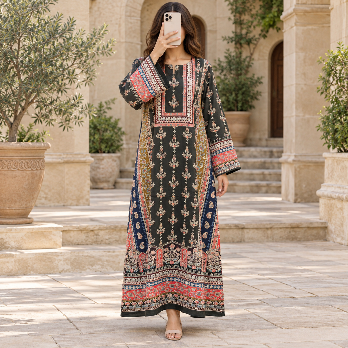 S/M Crystal Digital Printed Poly Silk Long Dress Jalabiya – 56