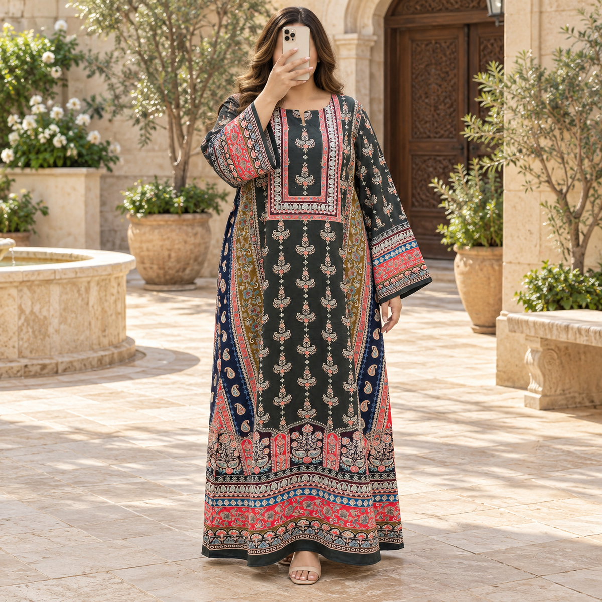 2XL/3XL Crystal Digital Printed Poly Silk Long Dress Jalabiya – 56