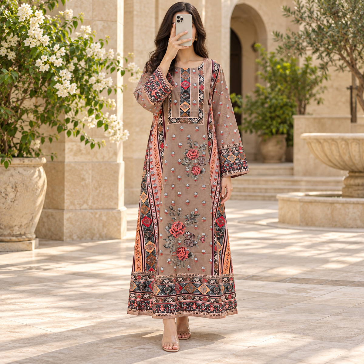 S/M Crystal Digital Printed Poly Silk Long Dress Jalabiya – 56