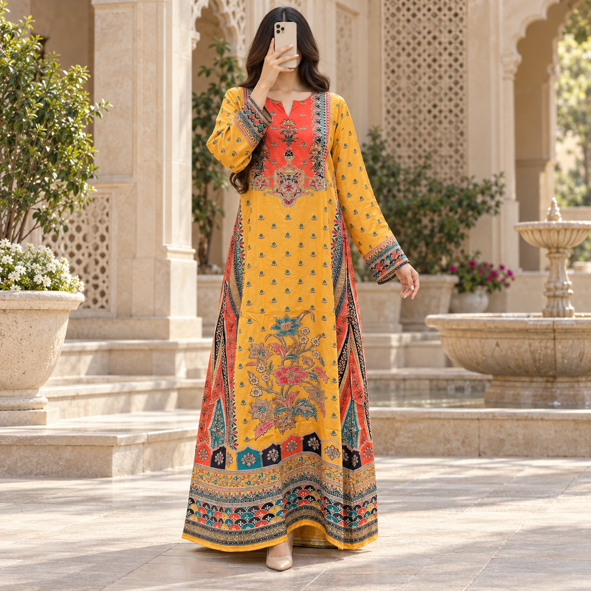 S/M Crystal Digital Printed Poly Silk Long Dress Jalabiya – 56