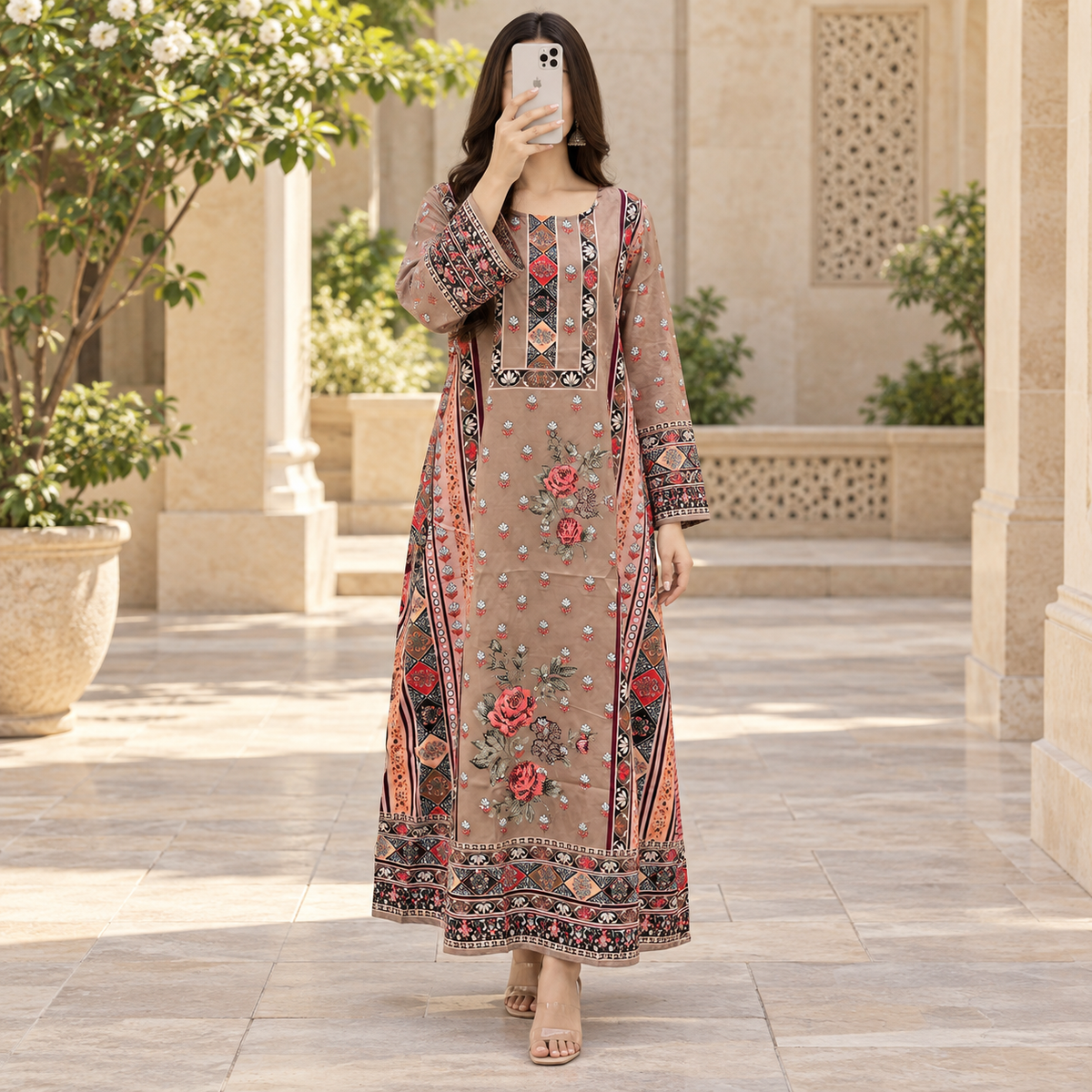 2XL/3XL Crystal Digital Printed Poly Silk Long Dress Jalabiya – 56