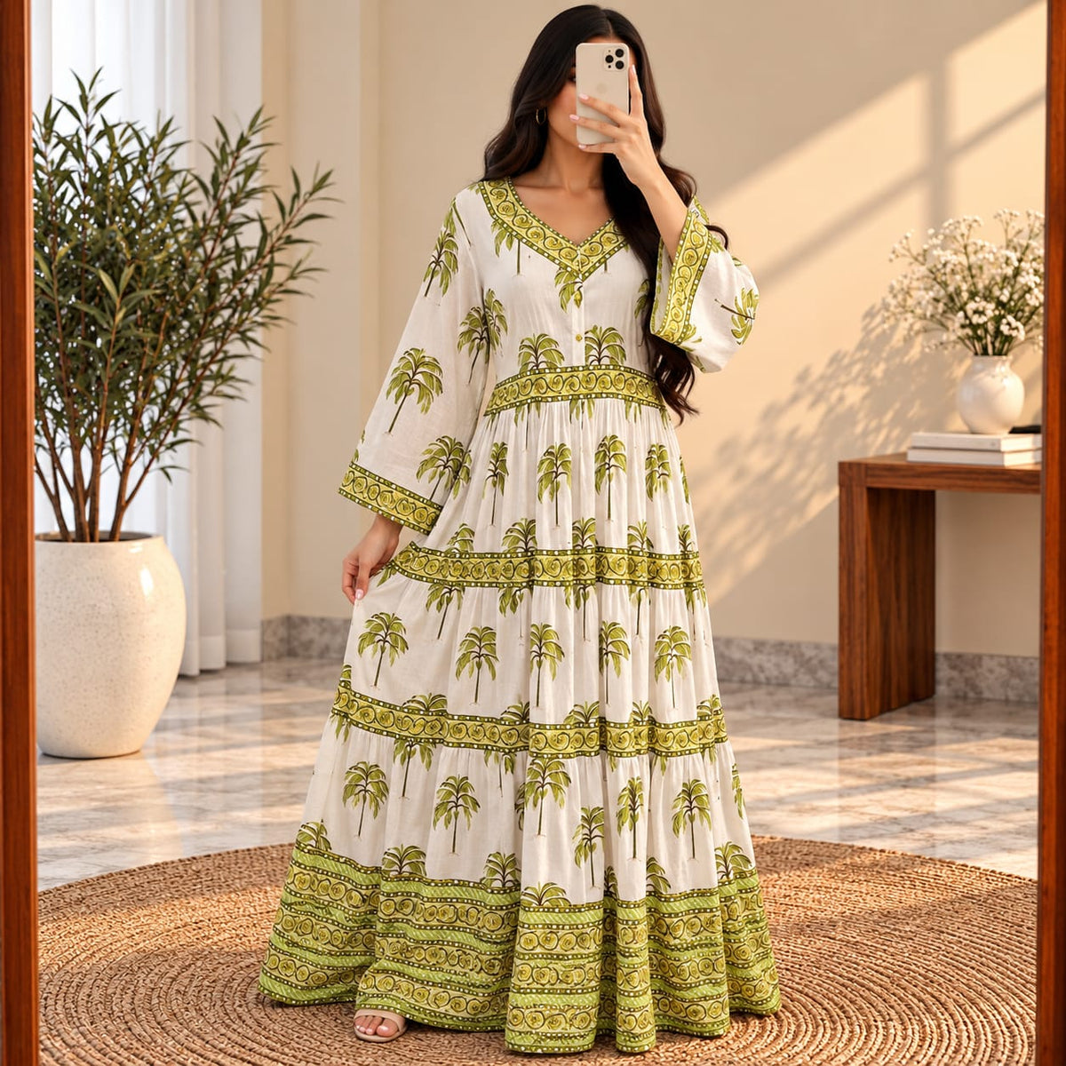S/M Huda Printed Cotton Long Dress Jalabiya – 57