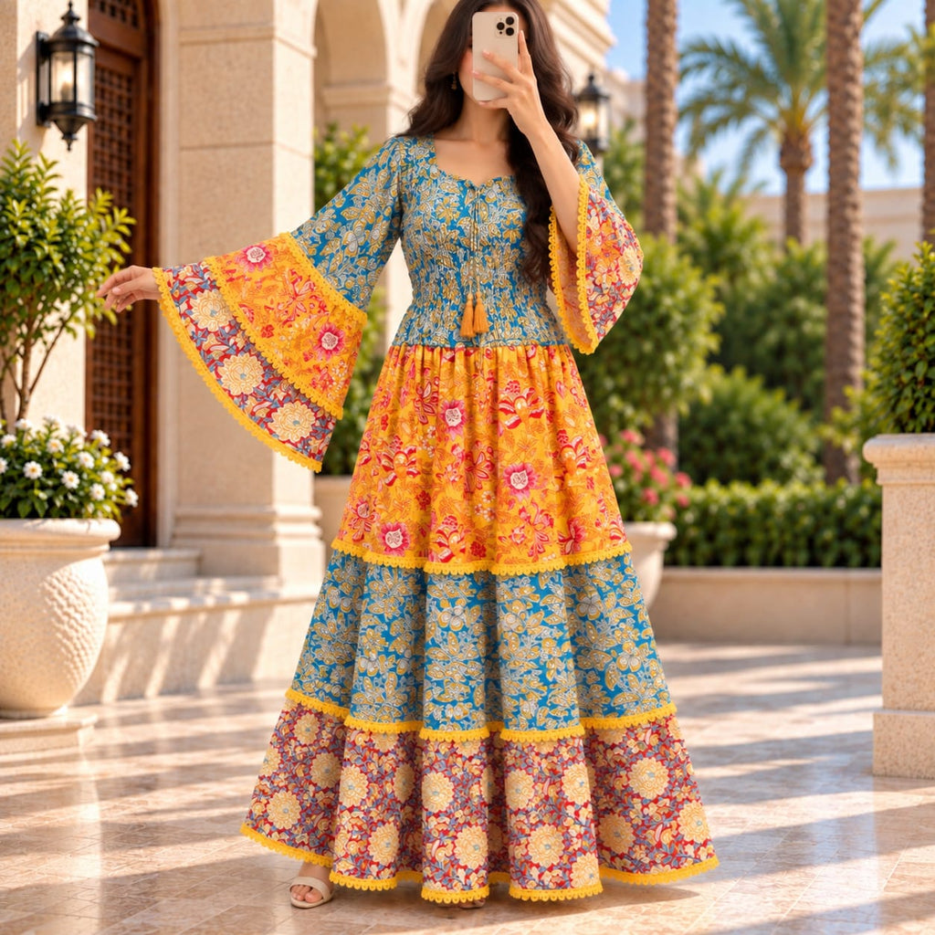 L-XL Rahima Printed Silk Long Dress Jalabiya – 57
