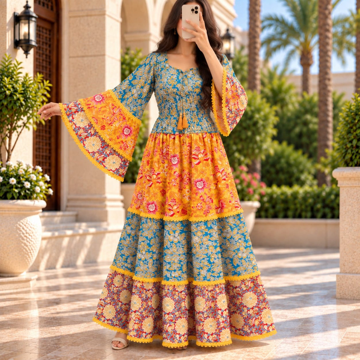 L-XL Rahima Printed Silk Long Dress Jalabiya – 57
