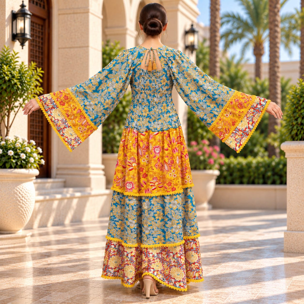 L-XL Rahima Printed Silk Long Dress Jalabiya – 57