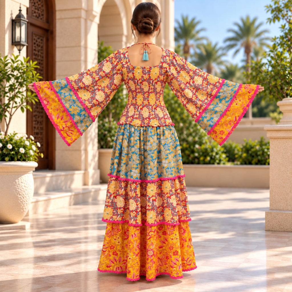 L-XL Rahima Printed Silk Long Dress Jalabiya – 57