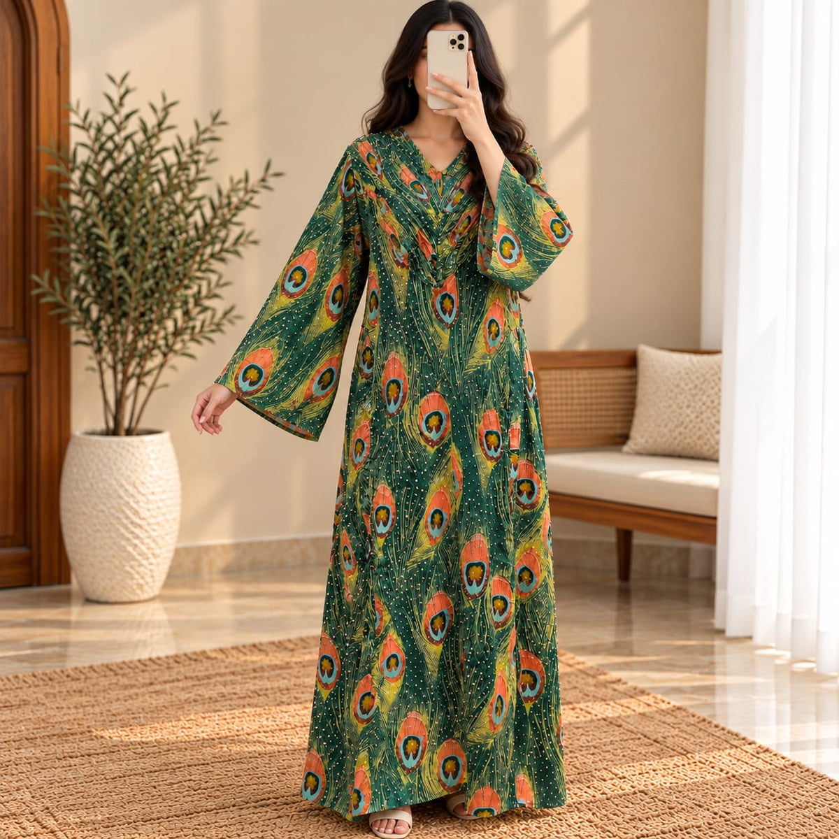S/M Zaheera Crystal Printed Silk Long Dress Jalabiya – 57