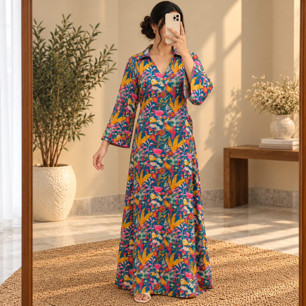 S/M Hayat Printed Silk Long Dress Jalabiya – 57