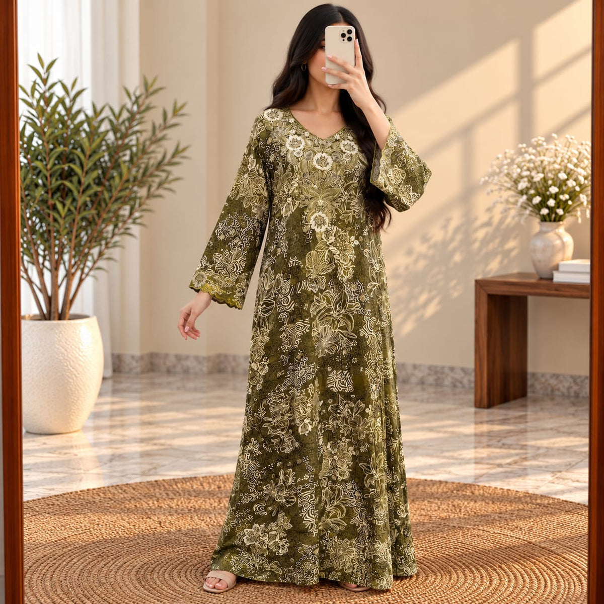 L-XL Mukhawar Printed Silk Long Dress Jalabiya – 57