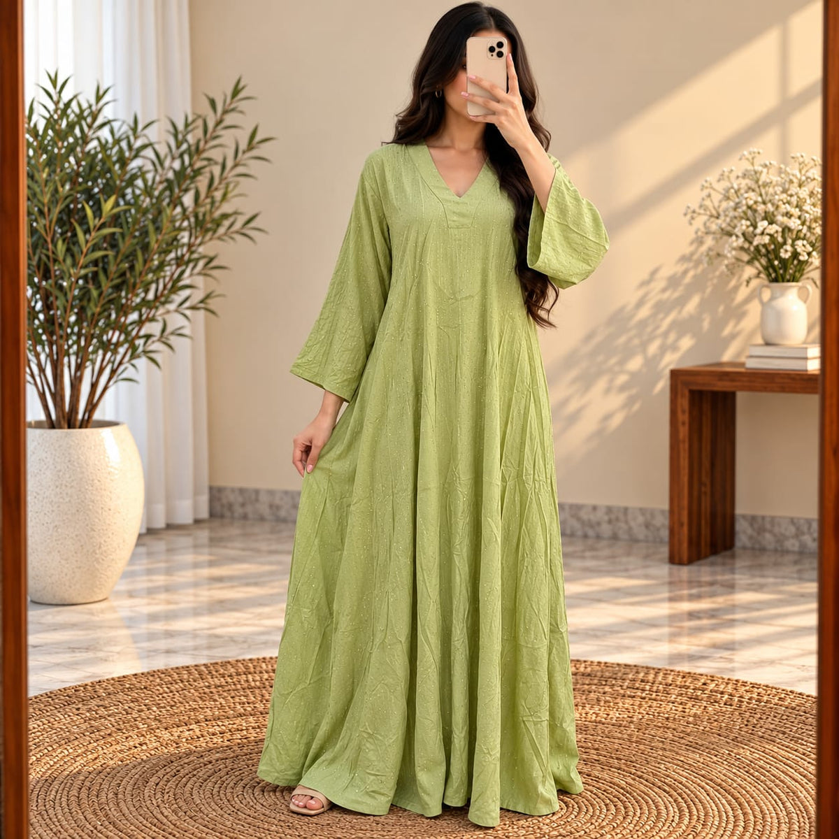 L/XL Teena Crystal  Printed Cotton Long Dress Jalabiya – 57"