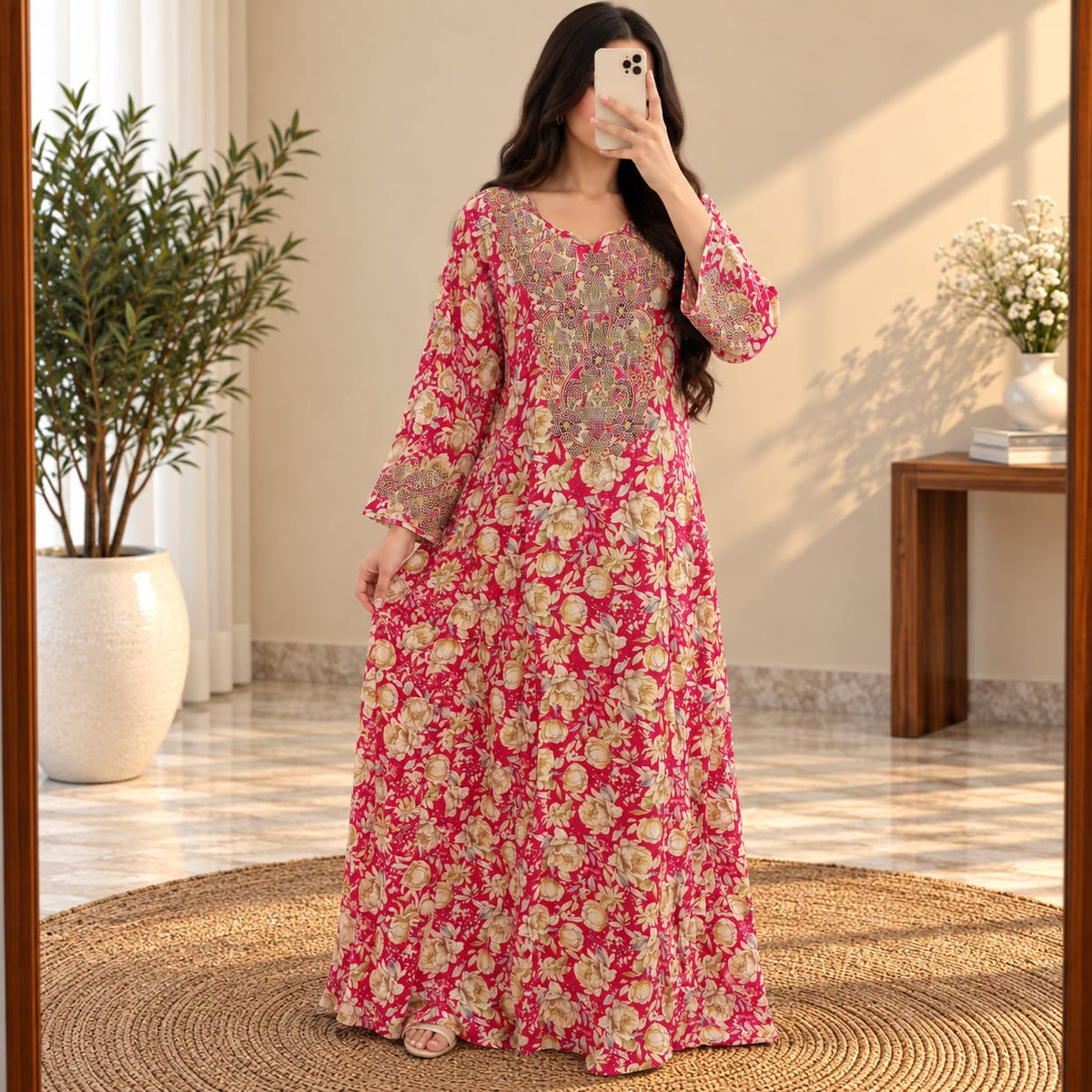 L-XL Mukhawar Printed Silk Long Dress Jalabiya – 57