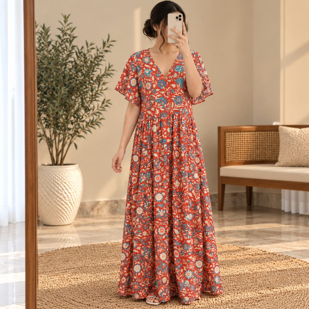 L-XL Precious Crystal Printed Silk Long Dress Jalabiya – 57