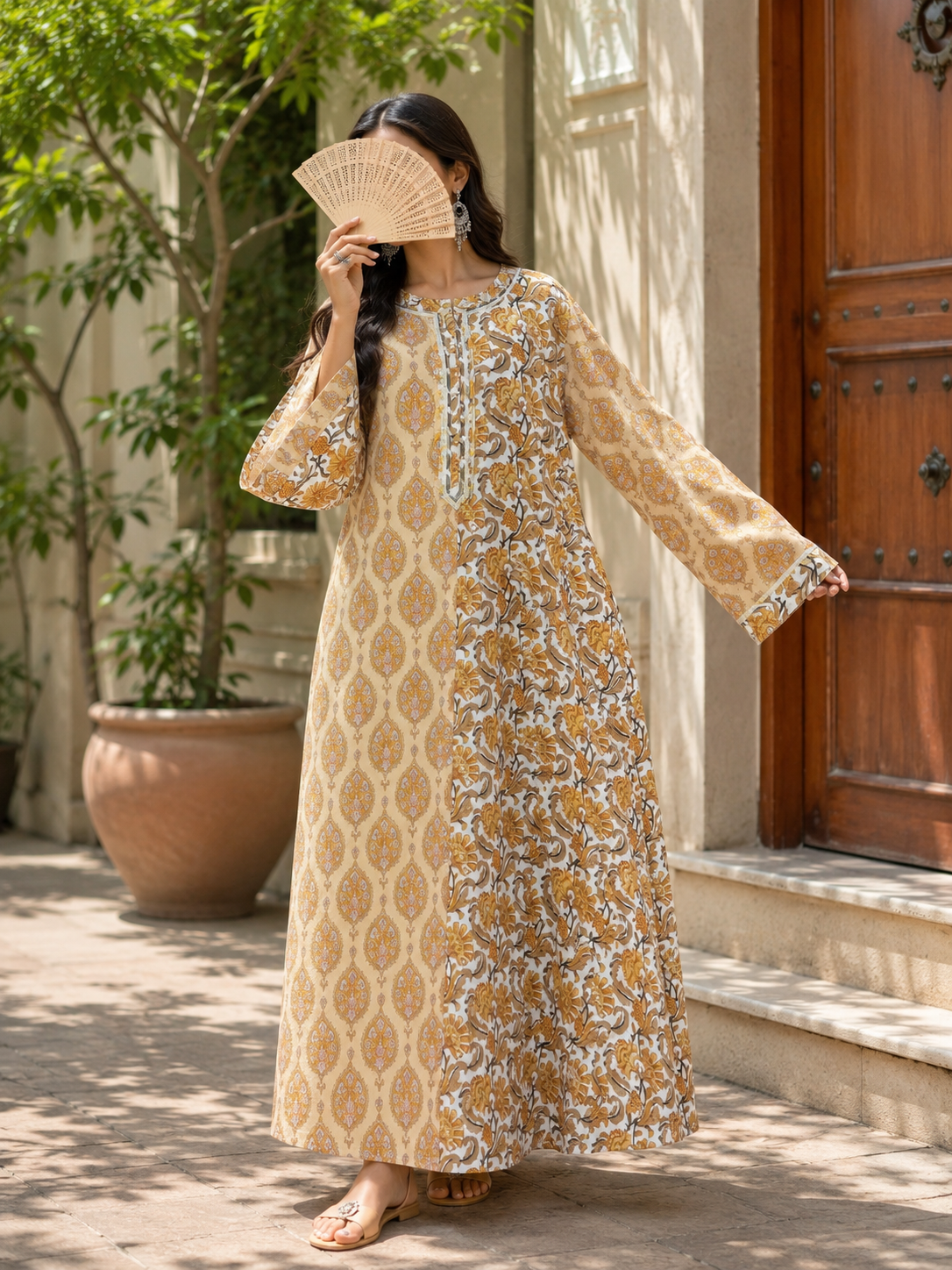 S/M Noorain Printed Cotton Long Dress Jalabiya – 57"