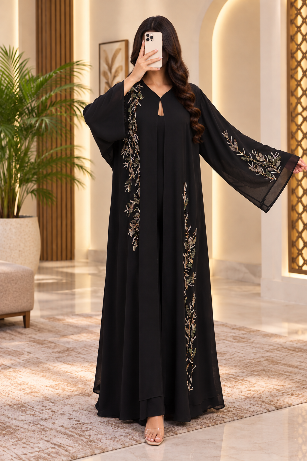 Opulent Black Lace-Trimmed Designer Abaya 56" Inches Length