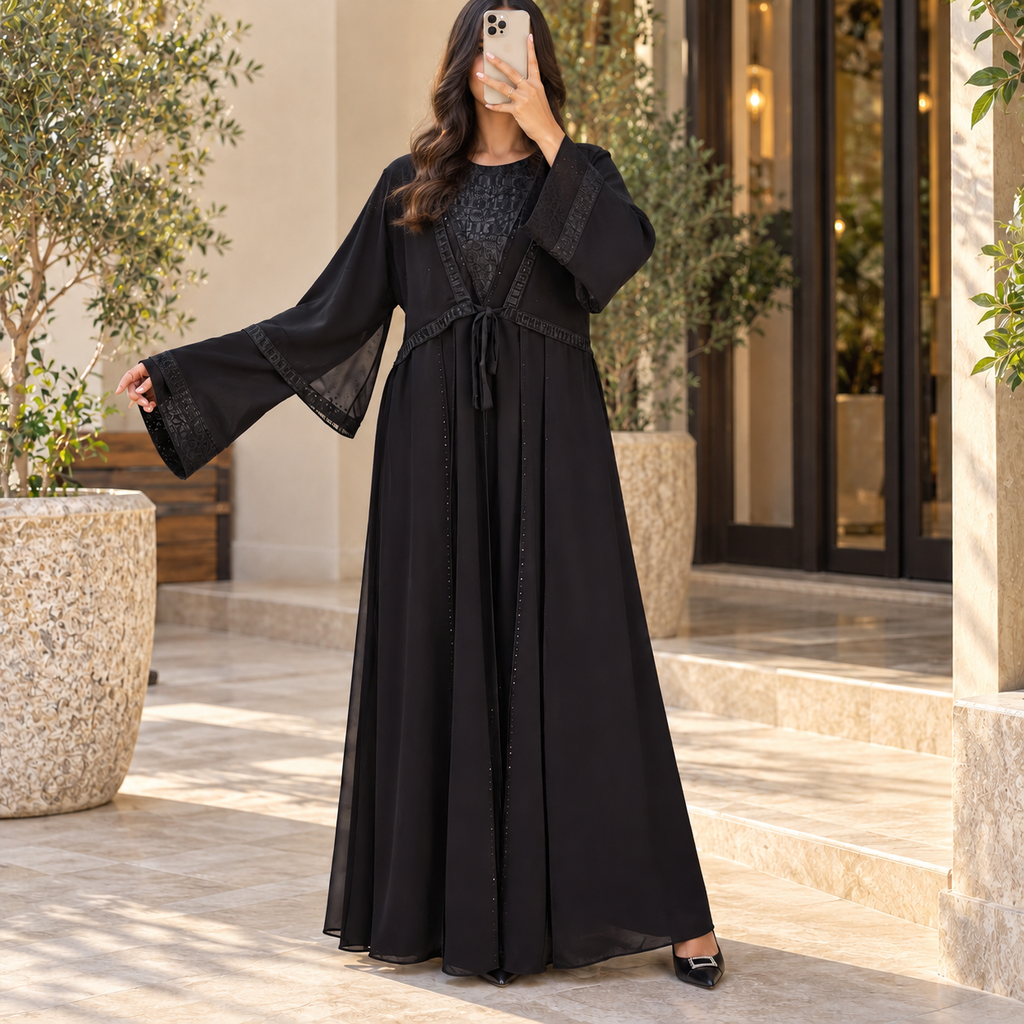 Opulent Black Lace-Trimmed Designer Abaya 56" Inches Length