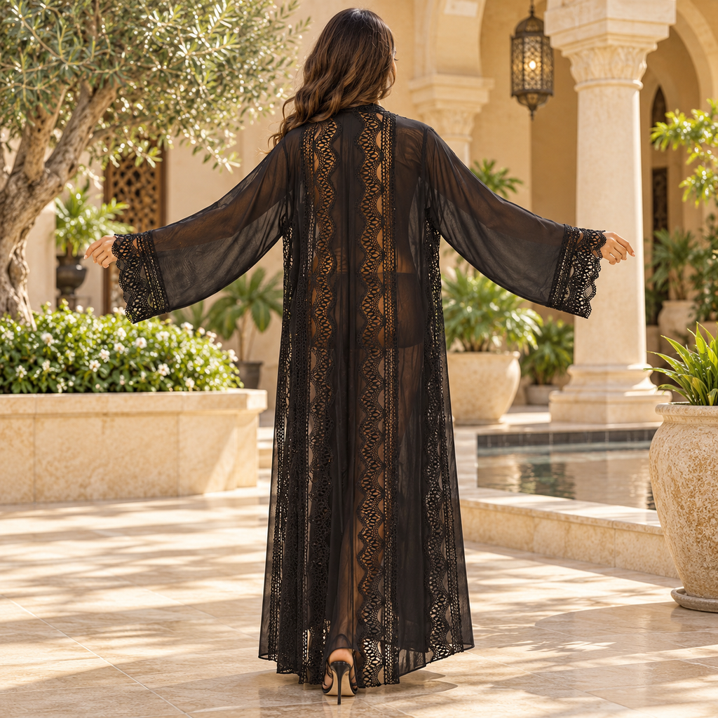 Opulent Black Lace-Trimmed Designer Abaya 56" Inches Length