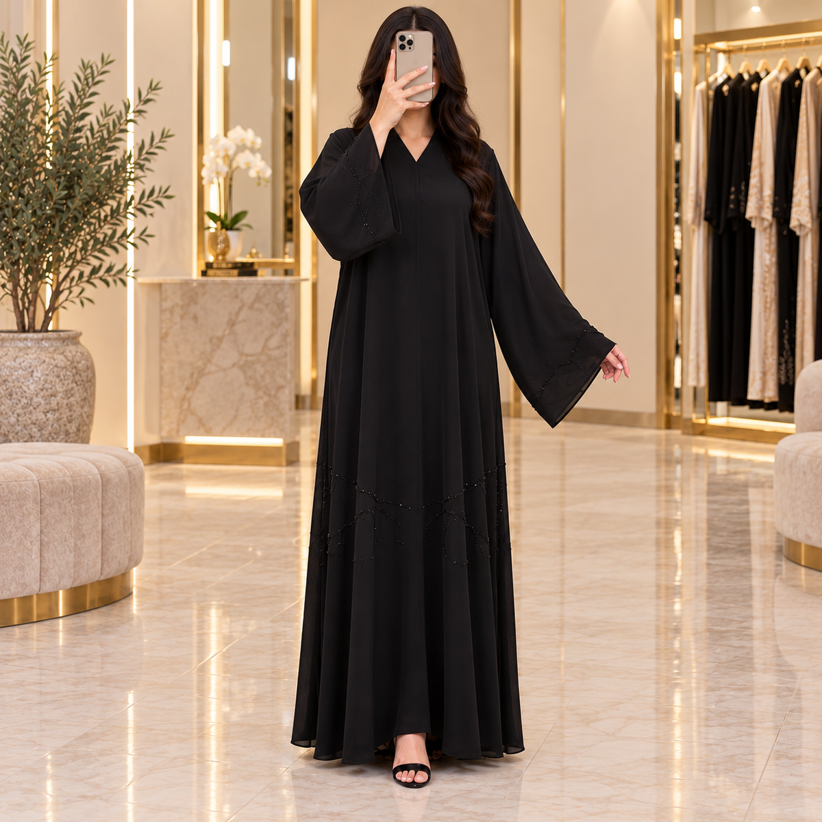 Opulent Black Lace-Trimmed Designer Abaya 54" Inches Length