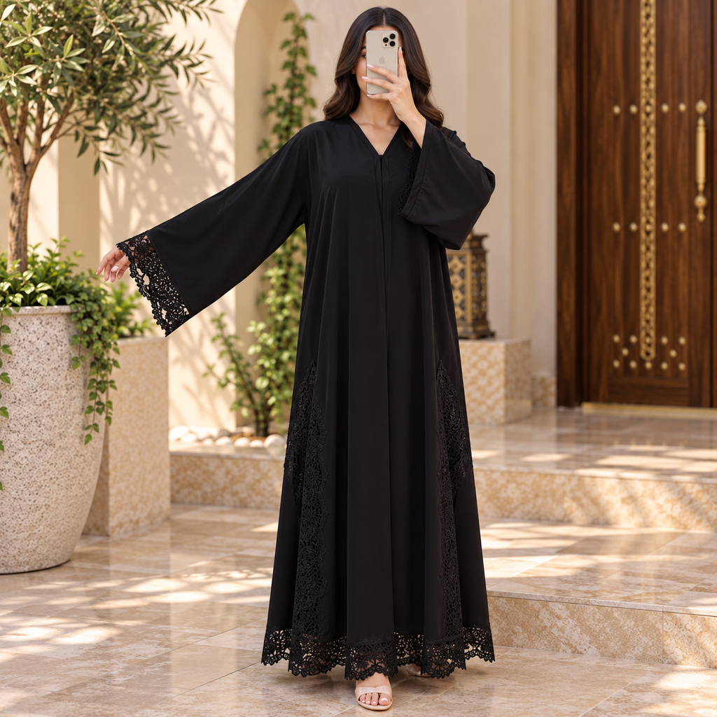 Opulent Black Lace-Trimmed Designer Abaya 52" Inches Length